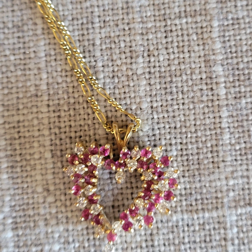 Ruby & Diamond Heart Pendant W/14K Gold Chain